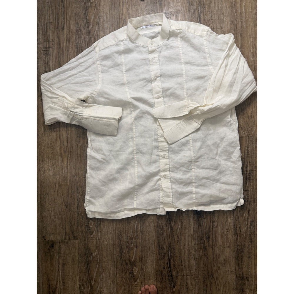 Premier Tailor Bangkok Mens Linen Mandarin Collar Shirt Cream Bespoke XL 23x30